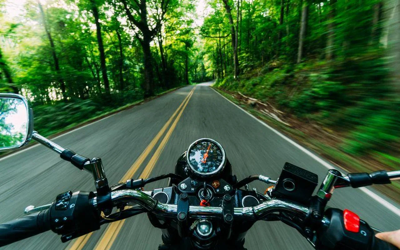 Vista del conductor sobre una ruta, en moto